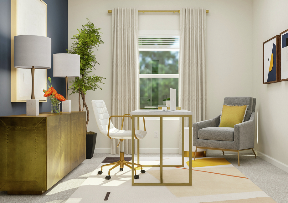 Rendering of an office with a decorative  storage cabinet, desk and armchair. On the back wall is a window and in the  corner is a potted tree.
