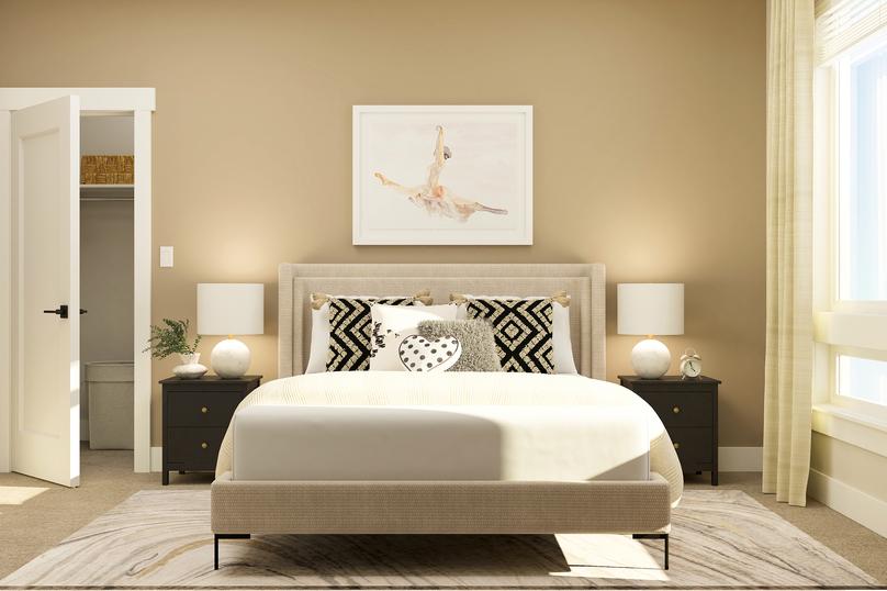 Rendering of a bedroom furnished with a
  large white bed and two side tables.Â 