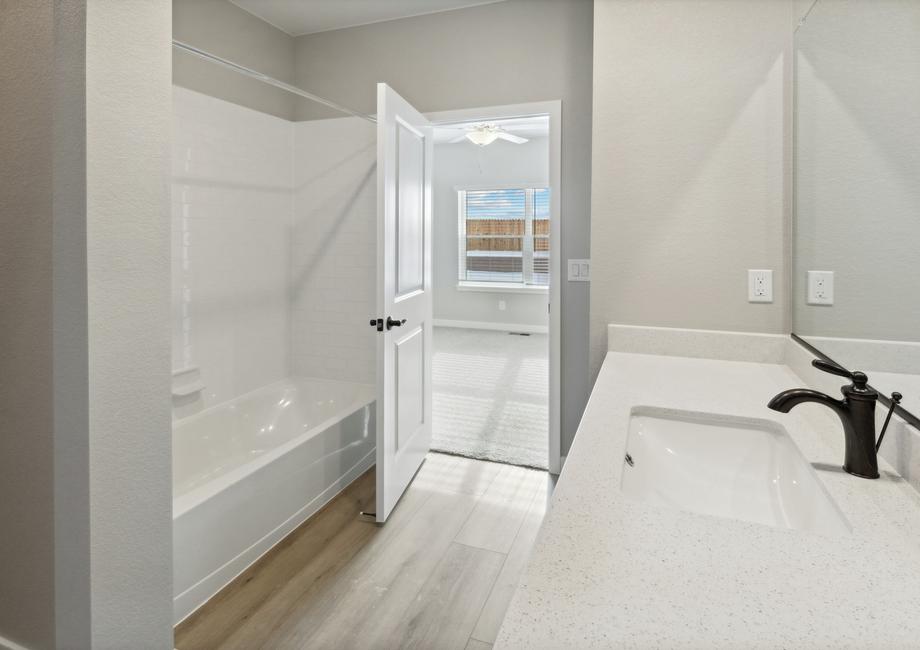 The master bathroom of the Chatfield has a sturdy shower-tub combo.