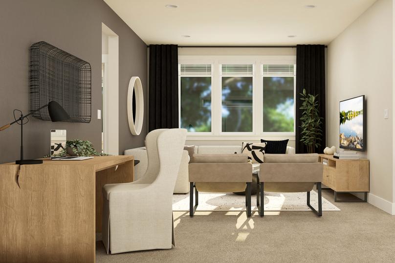 Rendering of bonus room showing a wooden
  desk with a white chair.Â 