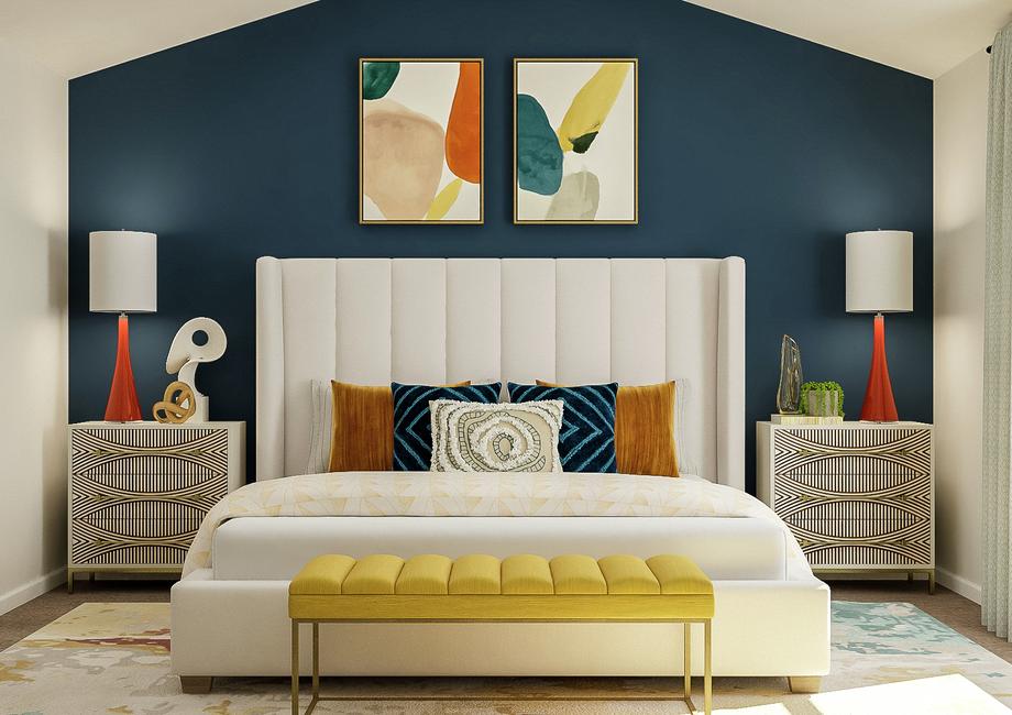 Rendering of the master suite focused on
  the large bed positioned between two nightstands. Colorful, abstract artwork
  hangs above the bed.