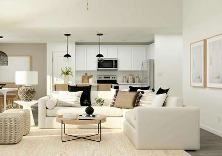 Rendering of a living room furnished with
  a white sectional couch and two poufs.