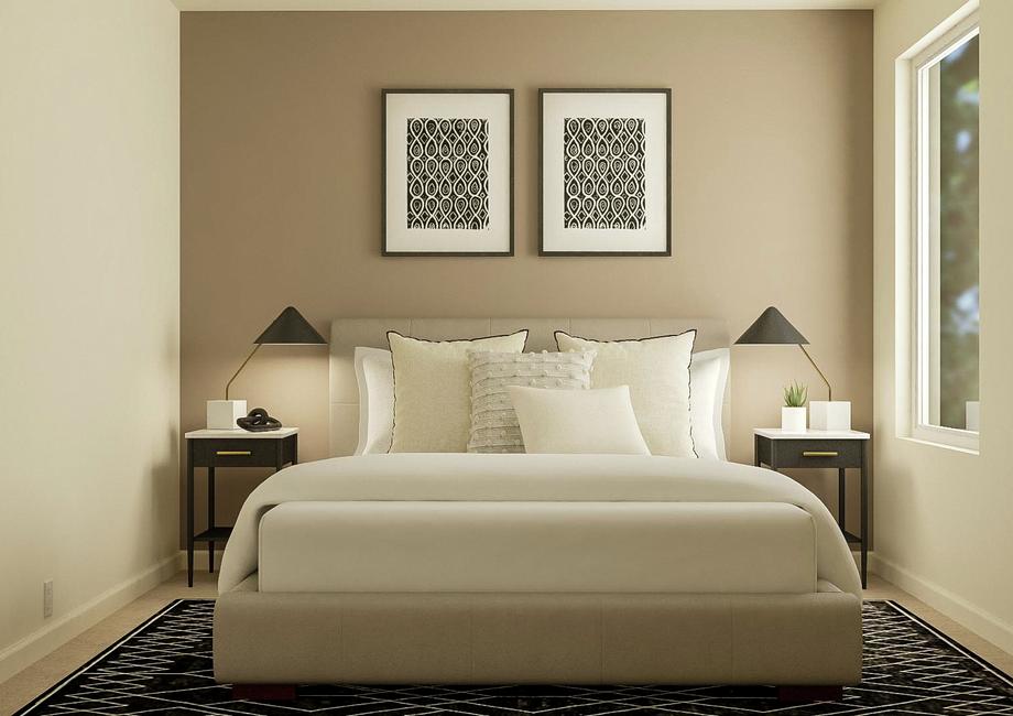 Rendering of a spacious secondary bedroom
  with a window and a bed and two nightstands against a brown accent wall. The
  carpeted flooring is covered by a black and white rug.