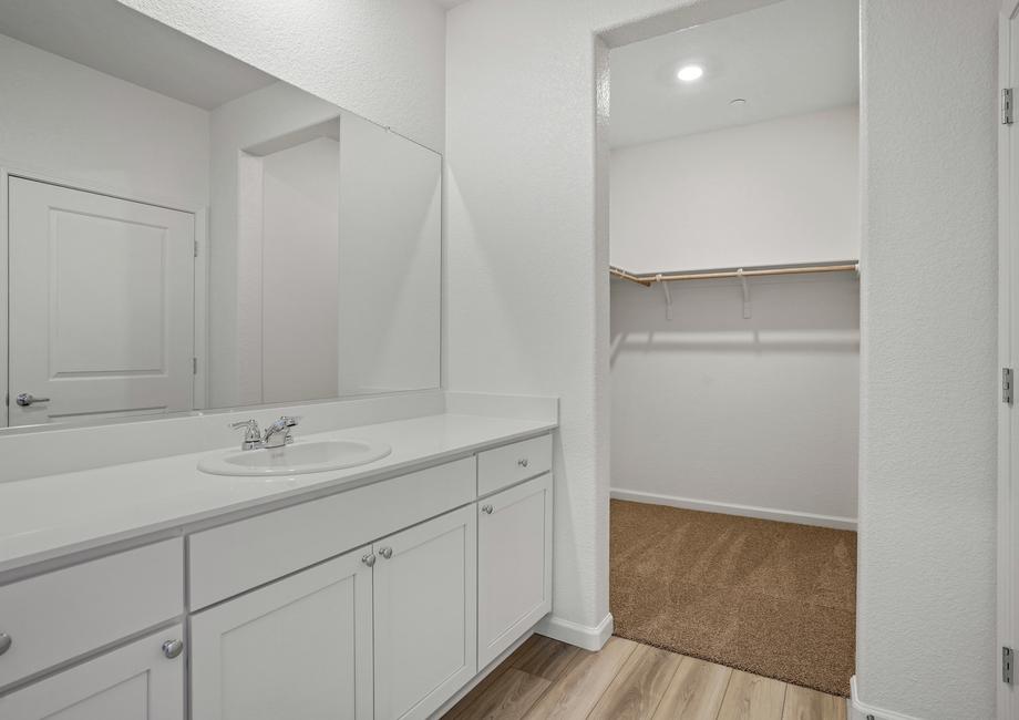 Master bathroom with view of walk-in closet