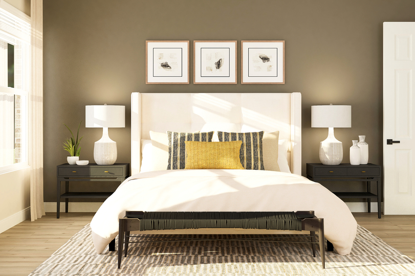 Rendering of the incredible master suite
  in the Primrose. The room has high ceilings and two windows for natural
  light, as well as wood-look flooring. A large bed sits between two
  nightstands and a bench sits at its foot.