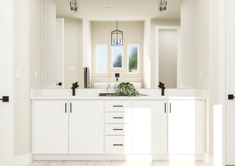 Rendering of the owner's bathroom with
  double vanity featuring quartz countertops, white cabinetry and a large
  mirror with two stylish sconce lights. A linen closet is visible to the side.