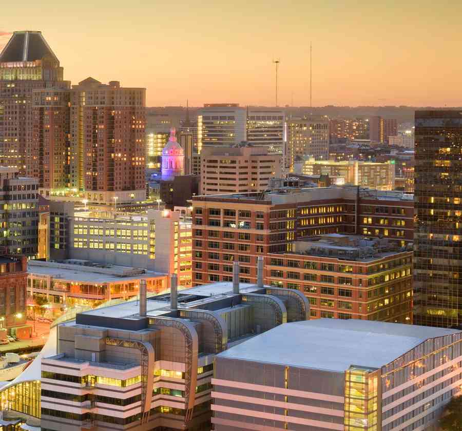 Baltimore, Maryland Inner Harbor and downtown Skyline showing numerous building