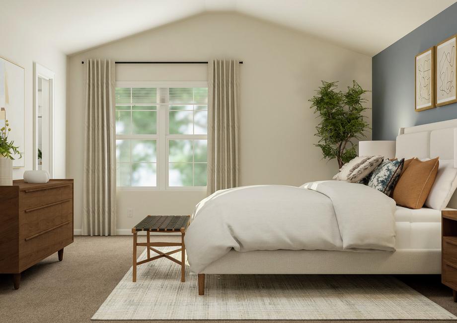 Rendering of the master bedroom with a
  vaulted ceiling and large window. The bed faces the wall with the dresser and
  a large painting.