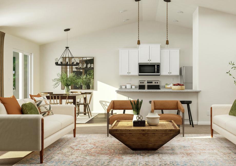 Rendering showing the open floor plan of
  the Alexander. A high, vaulted ceiling spans from the living room to the
  kitchen.