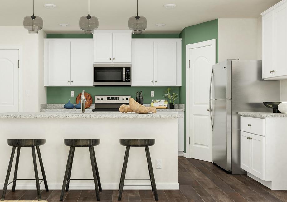 Rendering of the breakfast bar at the
  kitchen island with three barstools. The kitchen has white cabinetry and
  granite countertops.