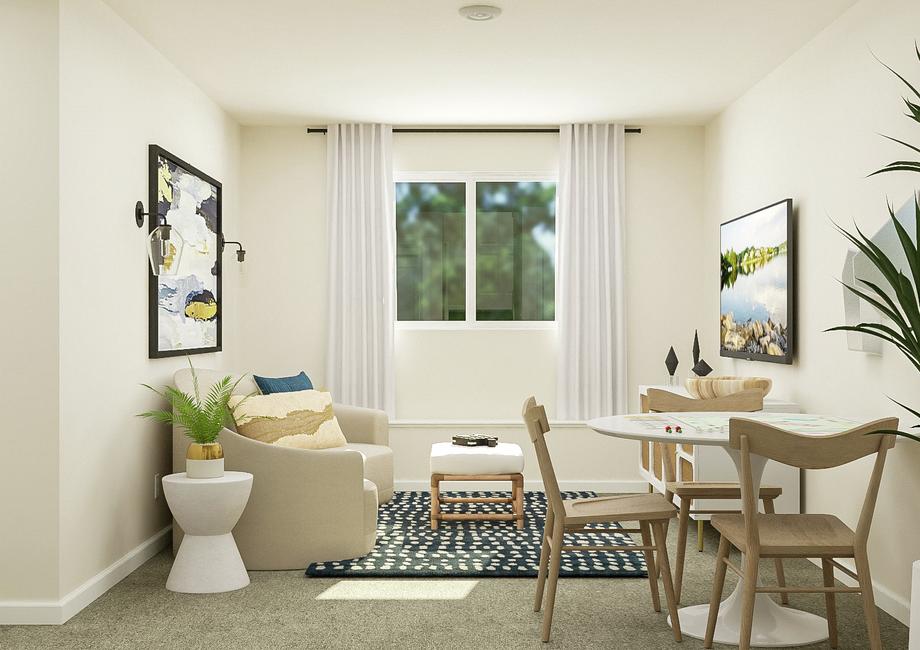 Rendering of the flex space with a large window and carpeted flooring. The room is furnished with a couch, television and table.