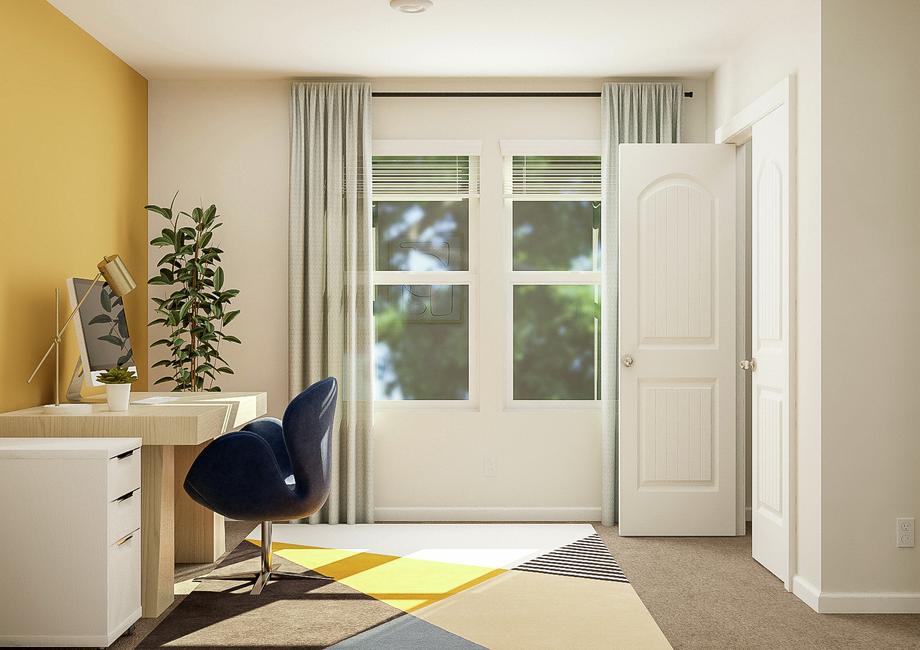 Rendering of an office with a large
  window and carpeted flooring. The room is furnished with a geometric rug,
  wooden desk, blue computer chair, white file cabinet and potted tree.