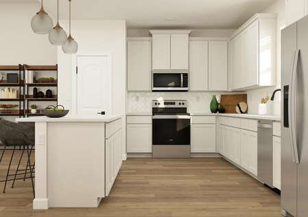 Rendering of kitchen with white cabinets and stainless steel appliances