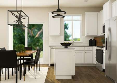 Rendering of kitchen with white cabinetry
  and stainless steel appliances. The dinning table can be seen next to the
  kitchen.