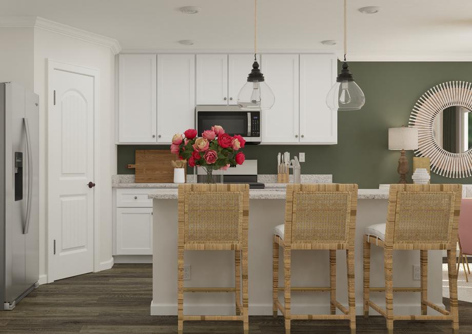 Rendering of the kitchen showcasing the
  white cabinetry, granite countertops and stainless steel appliances. Three
  chairs sit at the kitchen island, which has been decorated with a vase of
  roses.