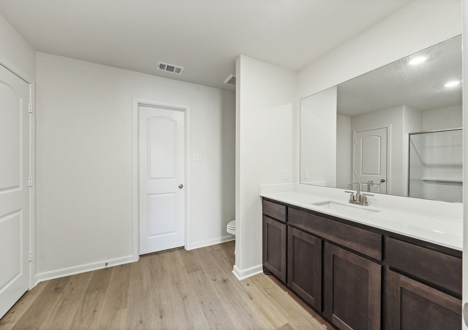 The master bathroom has a sprawling vanity.