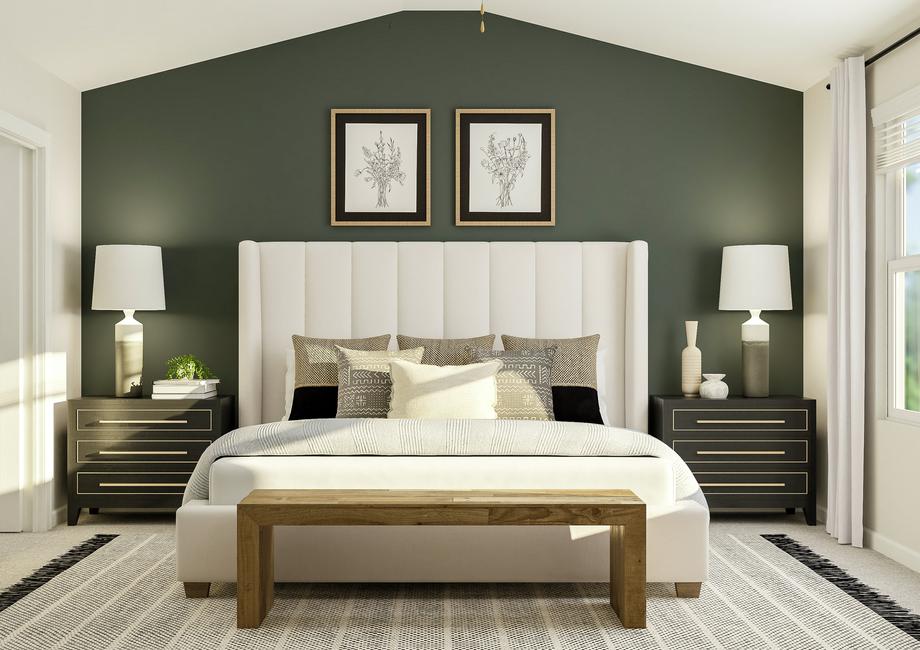 Rendering of the spacious master bedroom  with vaulted ceiling. The room is furnished with a bed between two  nightstands. A bench sits at the foot of the bed.
