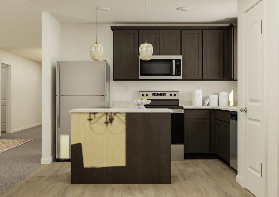 Rendering of the kitchen featuring dark wood cabinetry, stainless steel appliances, and a view of the hallway to the left.