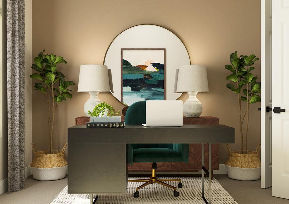 Rendering of a bedroom being used as an
  office. The space has carpeted flooring and a large window and is furnished
  with a desk and cabinet.