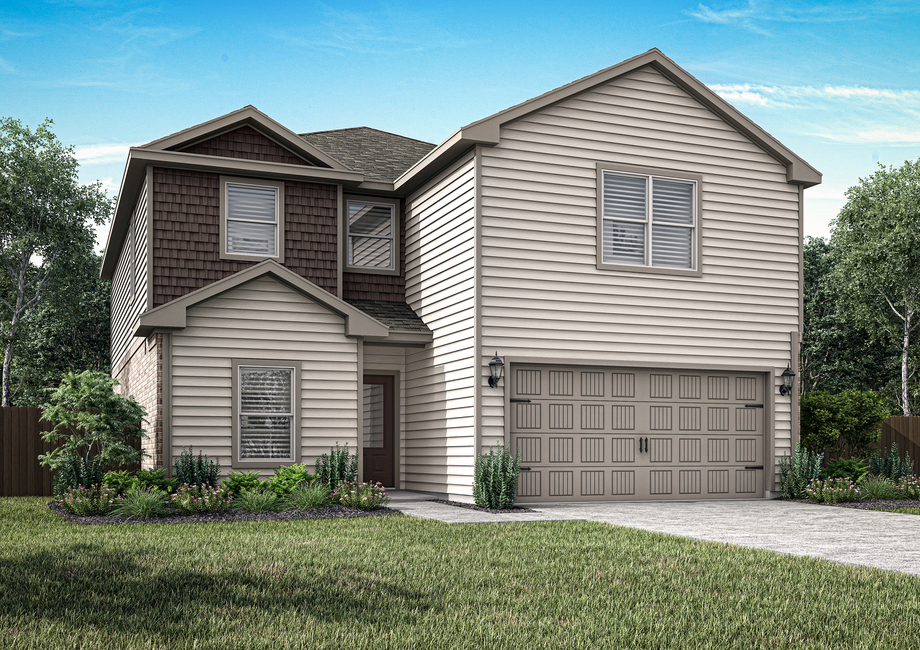 The Sterling is a beautiful, two-story siding home with brick detailing.