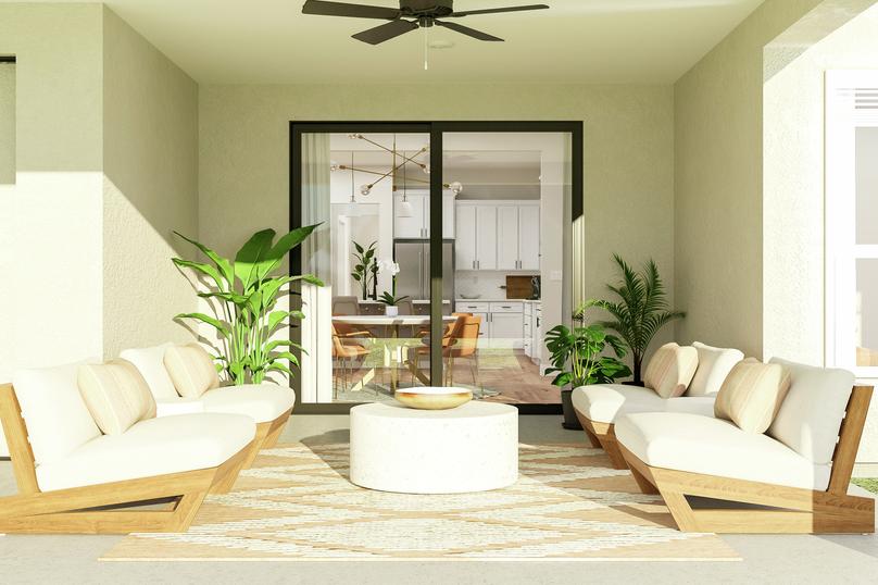 Rendering showcasing four large outdoor
  chairs in front of an expansive backyard. There is also a circular coffee
  table on a striped rug and three potted plants.