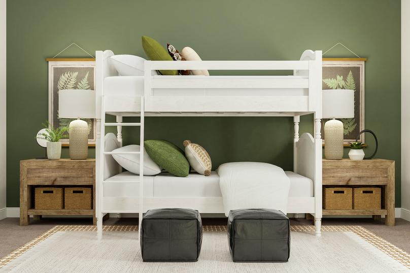 Rendering of a secondary bedroom  featuring a set of bunk-beds, two nightstands, and wall dÃ©cor along a green  accent wall.