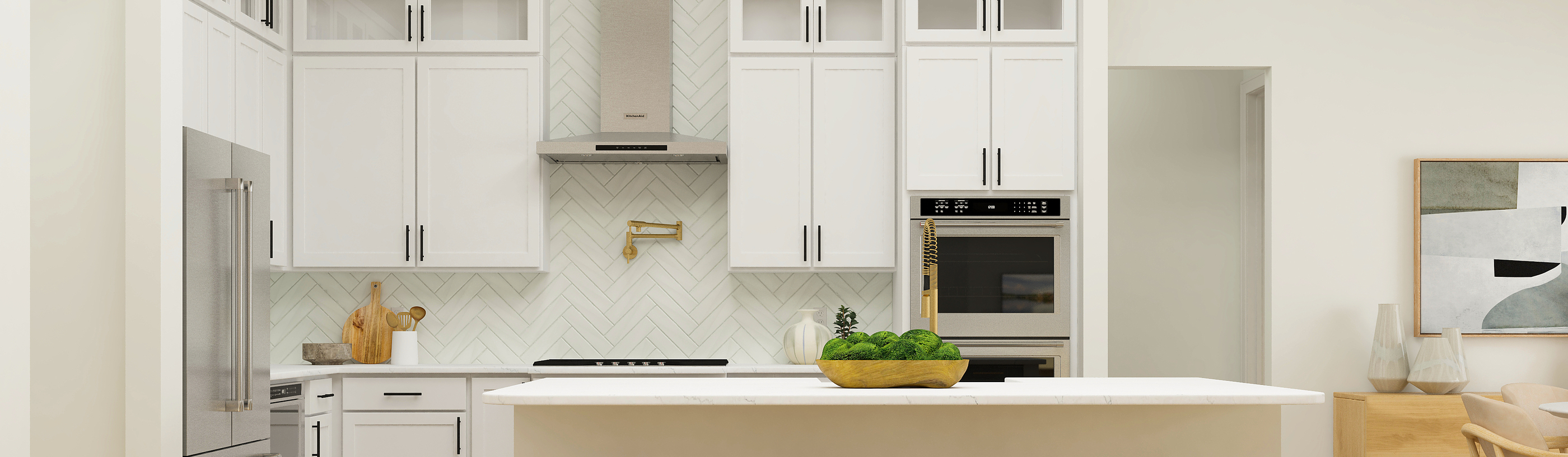 Rendering of a
  kitchen with white cabinetry and stainless steel appliances. There are also
  four barstools at the counter. 