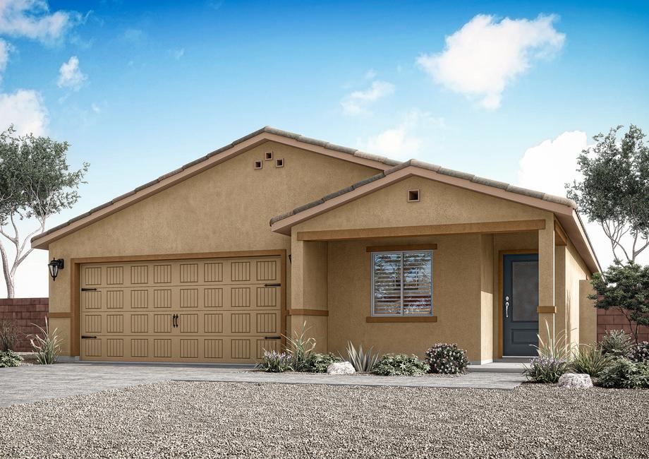 The Payson floor plan features a beautiful stucco exterior and a blue front door.
