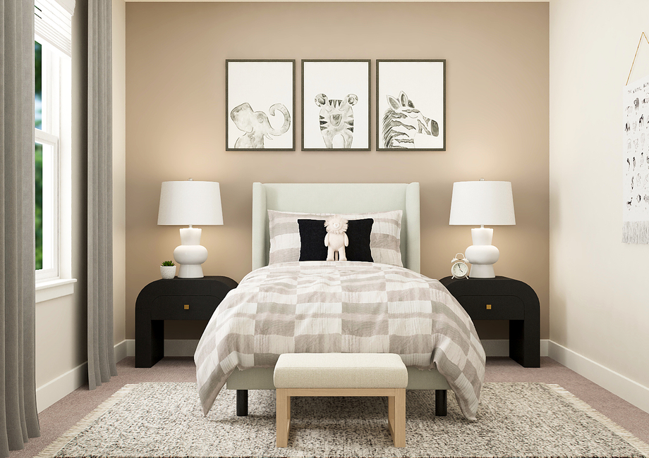 Rendering of bedroom with a twin-sized
  bed in between two tables.Â 