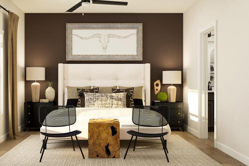 Rendering of the master bedroom in the
  Twinberry floor plan with large window for natural light and wood-style
  flooring. The room is furnished with a large bed, two nightstands and two
  accent chairs.