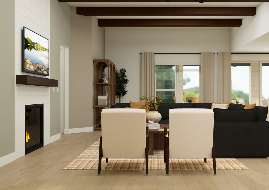 The family room is spacious and has a wonderful fire place.