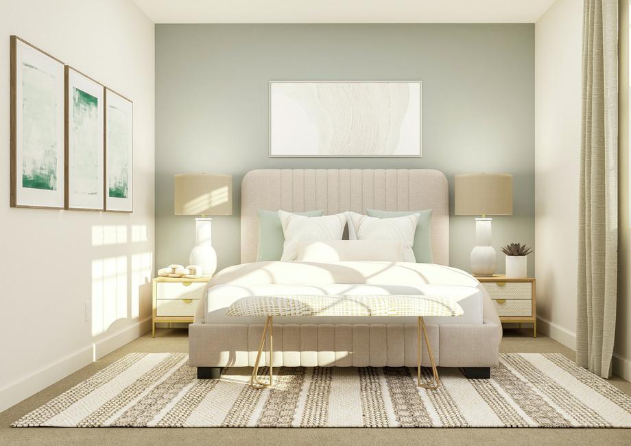 Rendering of a spacious bedroom with
  large window for natural light. The room is furnished with a bed, two
  nightstands, bench and striped rug.