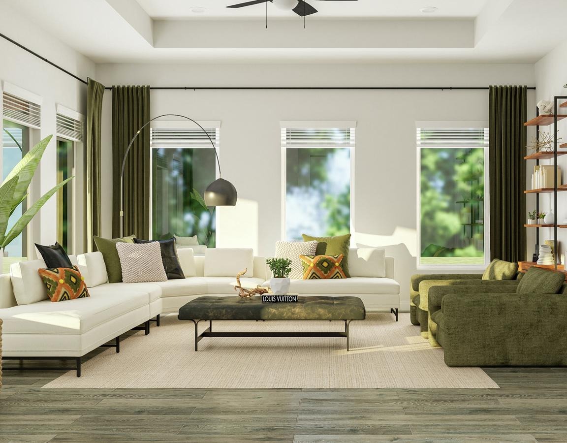 Rendering of the Thunderbird's family  den, complete with a large sectional, expansive windows, and media shelving.