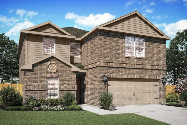 The two-story Driftwood plan with tan brick.