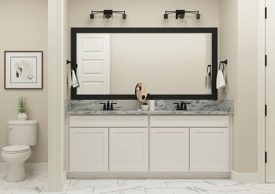 Rendering of bathroom with a double-sink vanity next to a toilet
