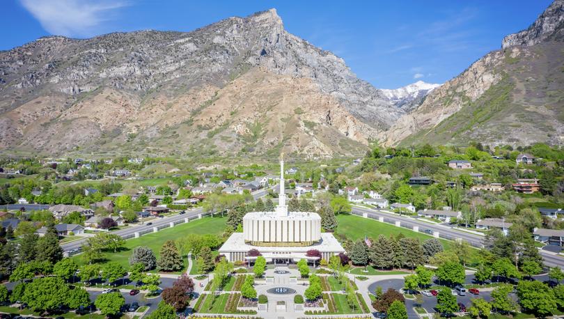 Aerial photo of Provo Temple of the Church of Jesus Christ of Latter-day Saints in Provo, Utah