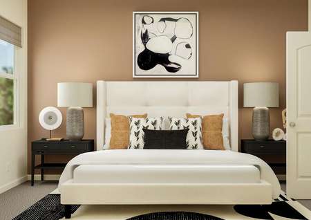 Rendering of the owner's bedroom
  featuring oversized furniture and modern décor.