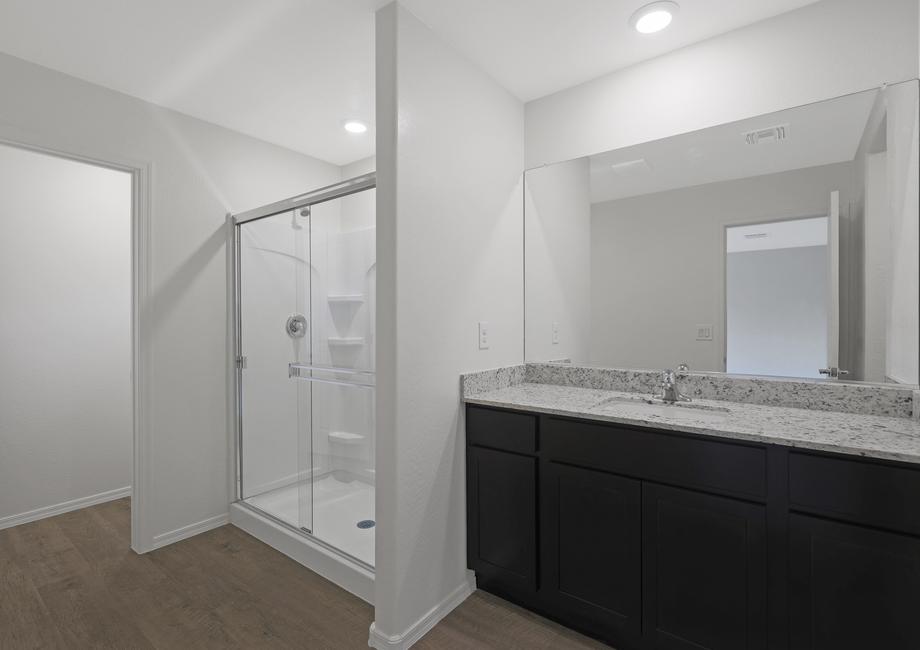 Master bathroom with a walk-in shower and private restroom.