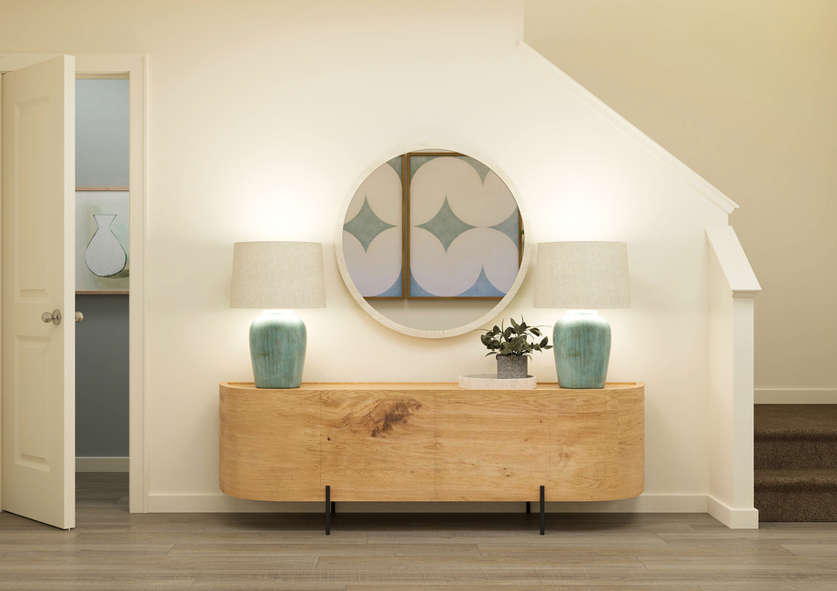Rendering of the foyer showing a light  brown console.