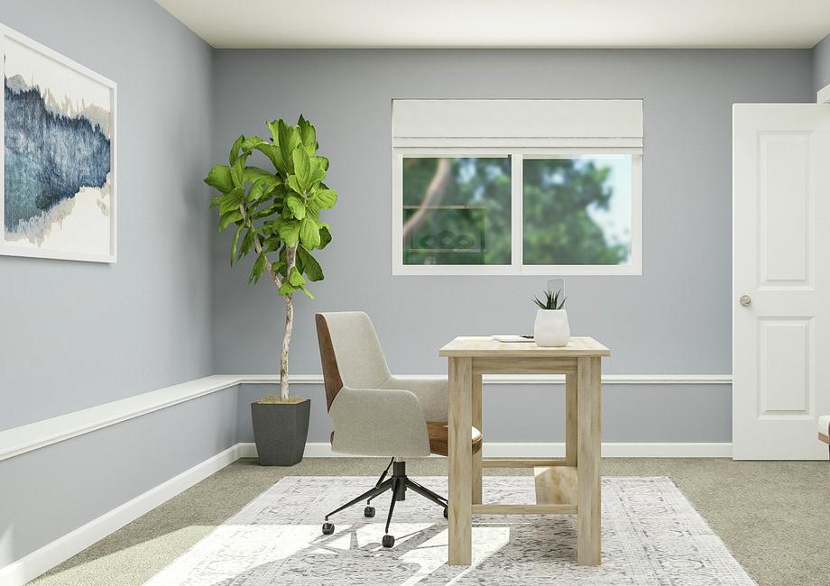 Rendering of a spacious room furnished as
  an office with a desk, computer chair, bench, potted plant and farmed
  artwork. The room has a large window and carpeted flooring.
