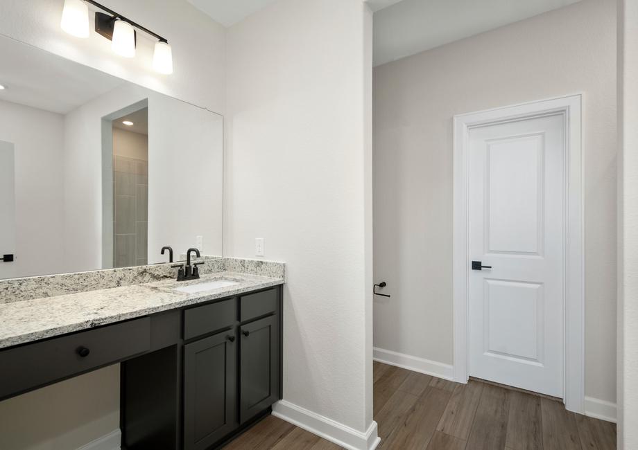 The master bathroom has a large vanity.
