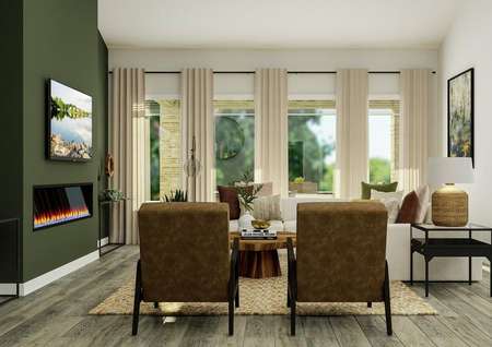 Rendering of the comfortable family room
  showcasing large natural furniture along a bay of windows and the fireplace
  to the left. 