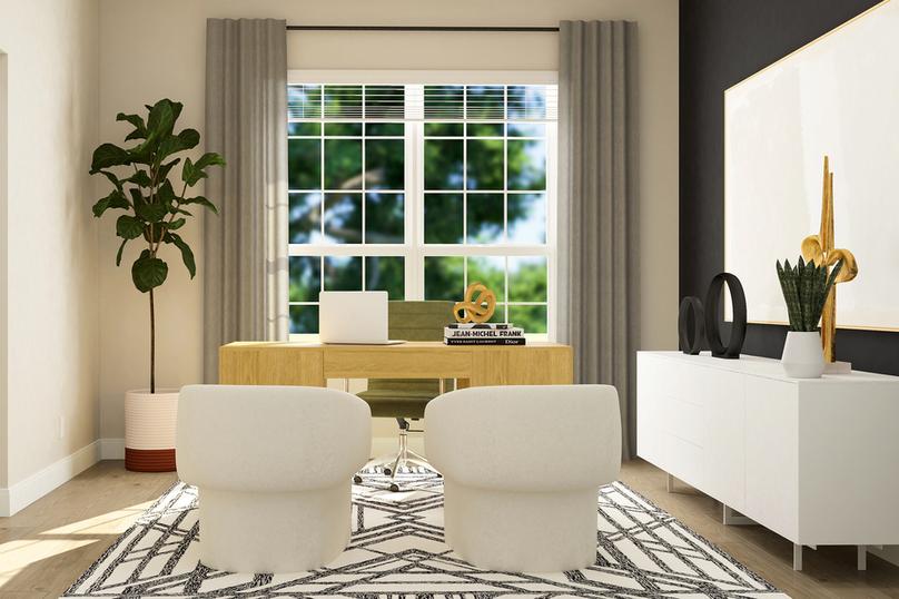 Rendering of the office showng the large
  window that provides plenty of natural light. The room is furnished with a
  desk, computer chair, two armchairs, decorative cabinet and a potted tree.