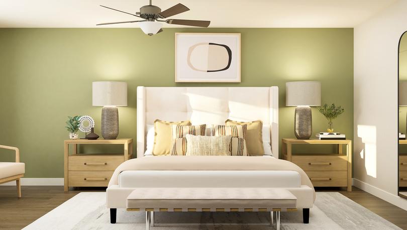 Rendering of master bedroom with a large
  bed in between two side tables. 