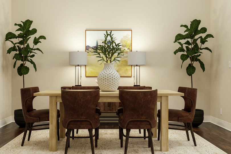 Rendering of dining room showing a wood
  dining table and chairs under a black light fixture with dark wood look
  flooring throughout.