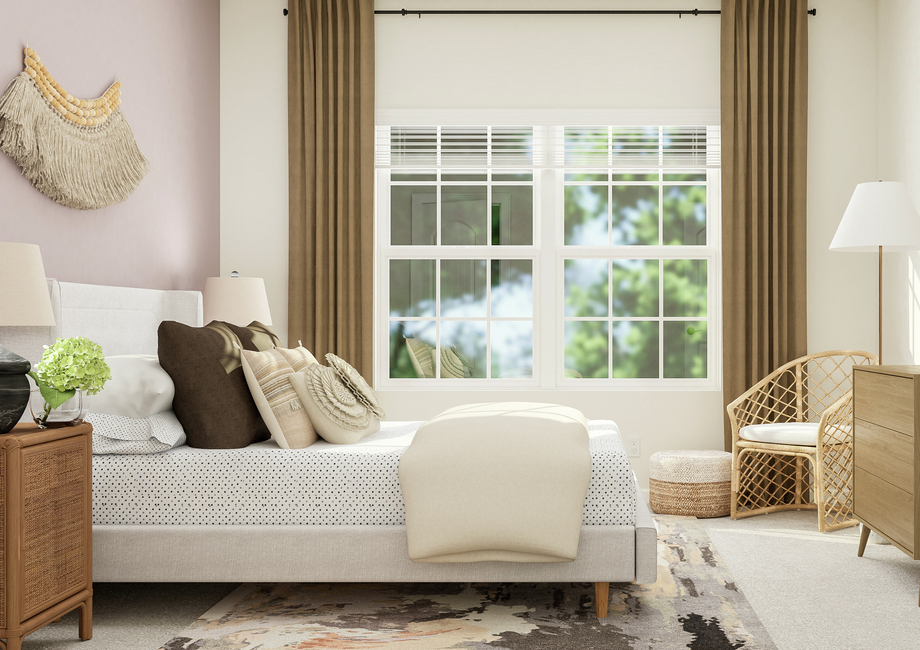 Rendering of a secondary bedroom  featuring a large bed, nightstands, dresser and seating area with large  windows on the back wall. Carpet flooring is throughout.