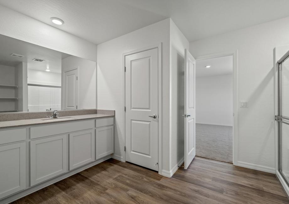 The master bathroom has a large vanity and step in shower.