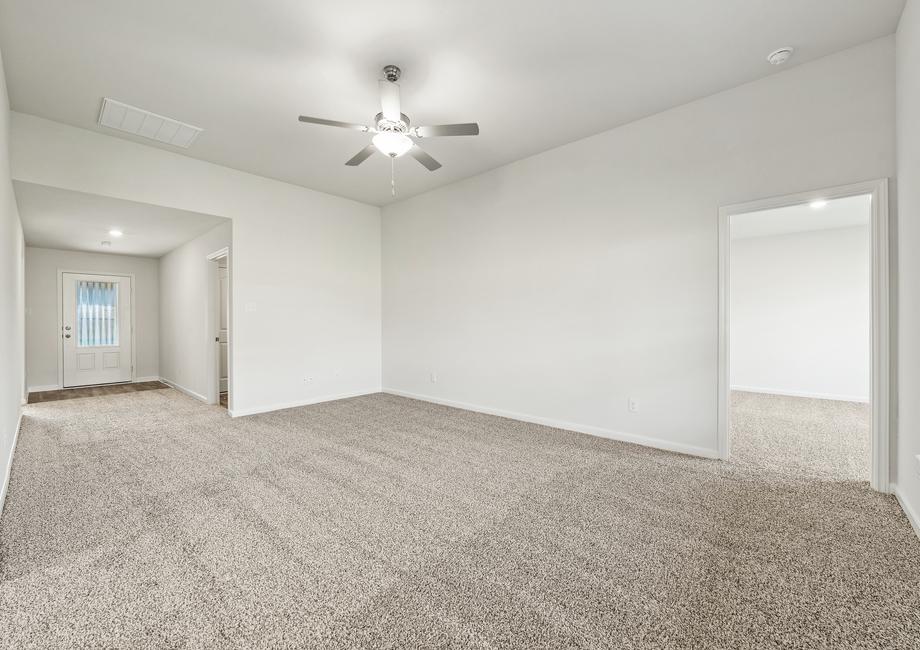 The foyer leads right into the family room.