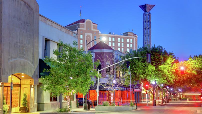 Evening view of downtown Modesto.