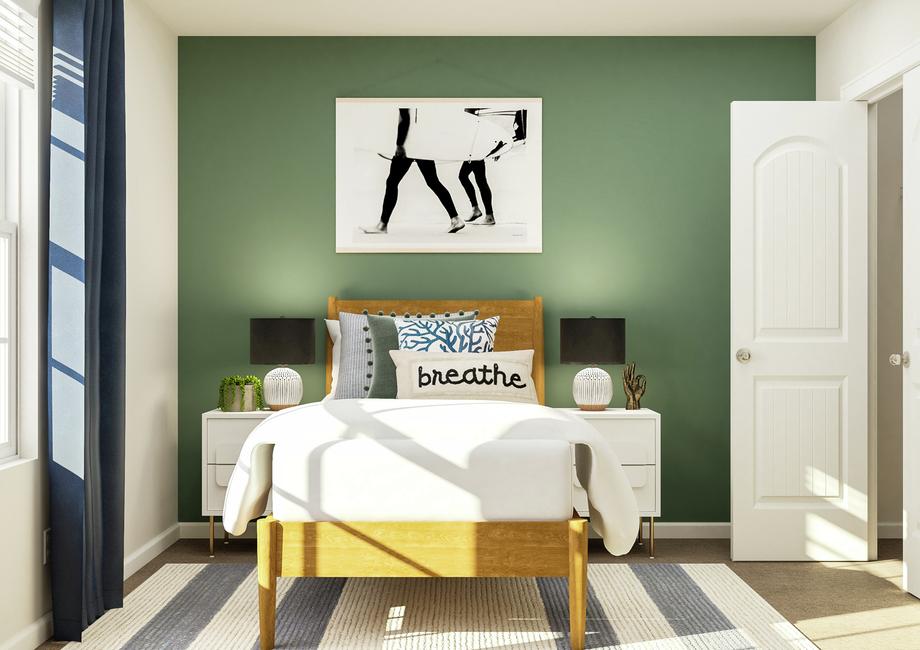 Rendering of a bedroom focused on a twin
  bed between two nightstands. A large window is on the wall to the left and
  the closet is on the wall on the right.